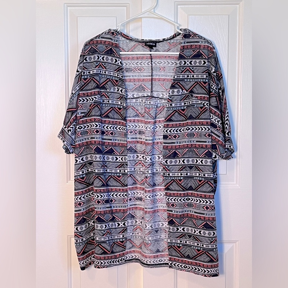 Torrid Open Front Kimono, Black & Orange, Aztec Print, size 1X
